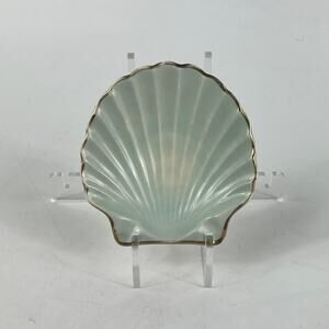 Vintage Tayokuni Japan Shell Dish Light Green Gold Trim Trinket Plate 1950s